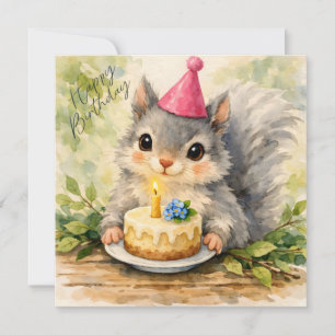 Happy Birthday Watercolor Squirrel with Cake  Card