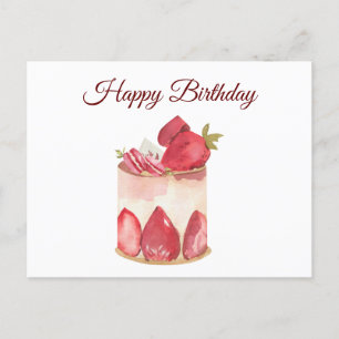 Happy Birthday Watercolor Strawberry Fruit Cake  Postcard