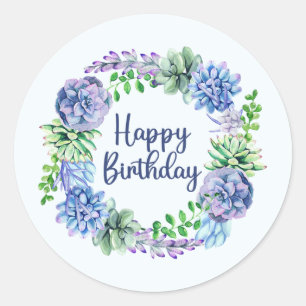 Happy Birthday Watercolor Succulent Plants, Leaves Classic Round Sticker