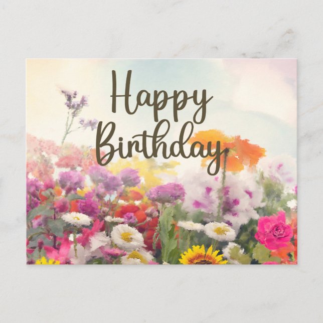 Happy Birthday Watercolor Summer Wildflowers  Postcard (Front)