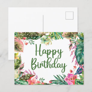 Happy Birthday Watercolor Tropical Leaves, Flowers Postcard