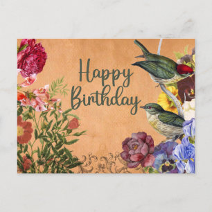 Happy Birthday Watercolor Vintage Flowers, Birds Postcard