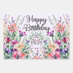 Happy Birthday Watercolor Wildflowers Field Wrapping Paper Sheet