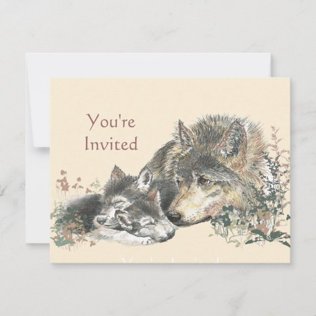 Happy Birthday Watercolor Wolf & Cub Animals Invitation (Front)