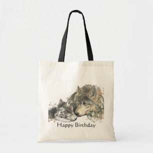 Happy Birthday Watercolor Wolf & Cubs Animal Art Tote Bag