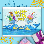 Happy Birthday Whales Postcard<br><div class="desc">Send someone this cute whale card to wish them a Happy birthday! Three whales have gathered on the blue sea for this card. There are two larger ones, left and right, and a smaller one in the middle. The two large whales are spouting water, making fountains blow out of their...</div>