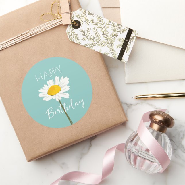 Happy Birthday While Daisy Flower  Classic Round Sticker (Gifting)