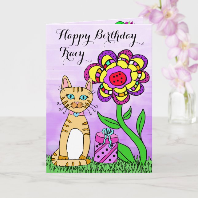 Happy Birthday Whimsical Cat and Flowers Card (Orchid)