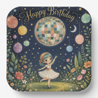Happy Birthday Whimsical Disco Ball Girl Paper Plate
