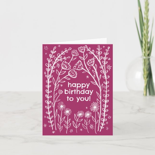 Happy Birthday Whimsical Floral Sketch Doodle  Card (Front)
