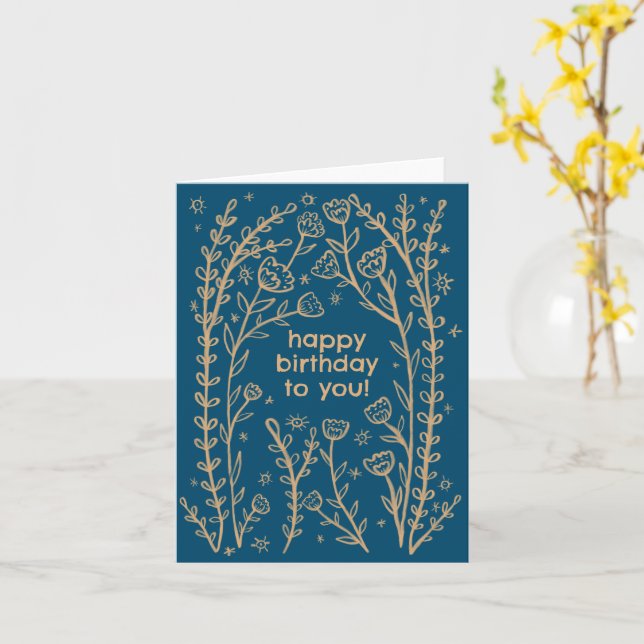 Happy Birthday Whimsical Floral Sketch Doodle Cute Card (Yellow Flower)