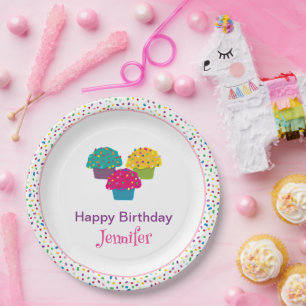 Happy Birthday Whimsical Frosted Cupcake  Paper Plate