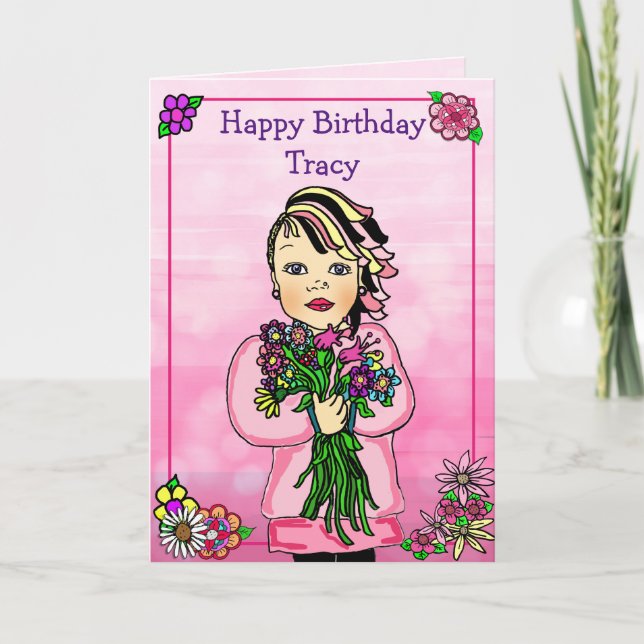 Happy Birthday Whimsical Girl with Flowers Card (Front)