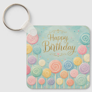 Happy Birthday Whimsical Watercolor Lollipops Keychain