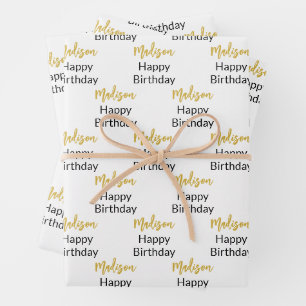 Happy Birthday White Black and Gold Script Name Wrapping Paper Sheet