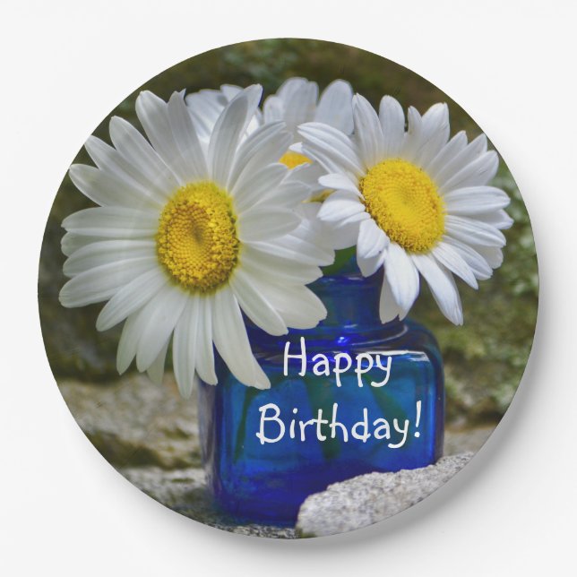 Happy Birthday White Daisy Paper Plate (Front)