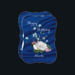 Happy Birthday White Rose, Daughter Custom Name Card<br><div class="desc">White roses, bluebells and pink posies bring a lovely natural touch to happy birthday greeting card for your daughter. The deep blue fabric drape background adds an elegant touch. Custom name on front and back text may be personalized in the template provided. May your life continue to bloom and grow....</div>
