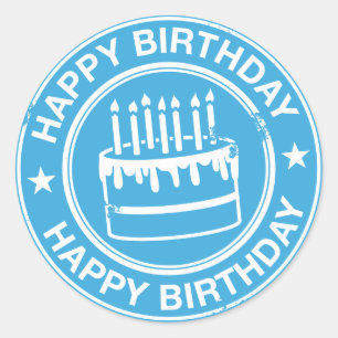Happy Birthday -white rubber stamp effect- Classic Round Sticker