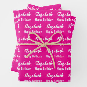 Happy Birthday White Script Name Hot Pink Wrapping Paper Sheet