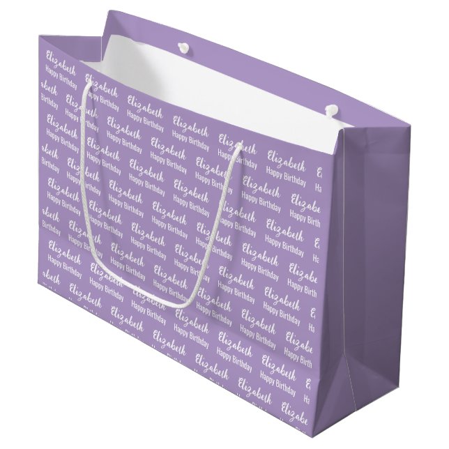 Happy Birthday White Script Name Pale Purple Large Gift Bag (Front Angled)