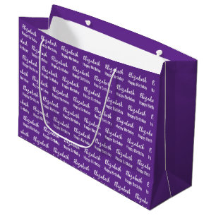 Happy Birthday White Script Name Royal Purple Large Gift Bag