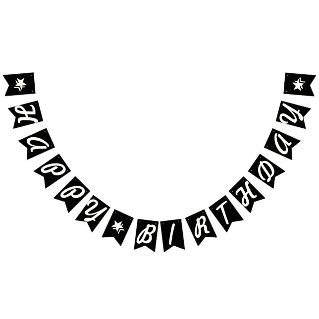 HAPPY BIRTHDAY ☆ WHITE SCRIPT TEXT ON BLACK BUNTING FLAGS (All)