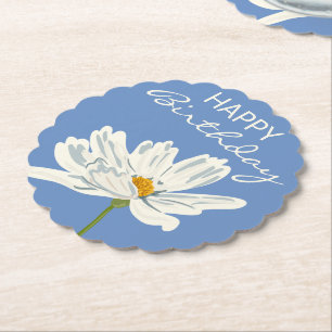 Happy Birthday White Summer Artistic Flower Paper Coaster