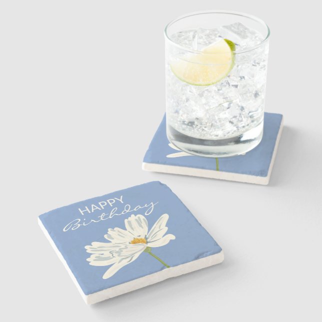Happy Birthday White Summer Artistic Flower  Stone Coaster (Side)