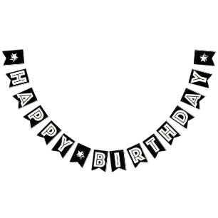 HAPPY BIRTHDAY ☆ WHITE TEXT ON BLACK BACKGROUND BUNTING FLAGS