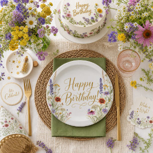 Happy Birthday Wild Flowers Botanical Floral  Paper Plate