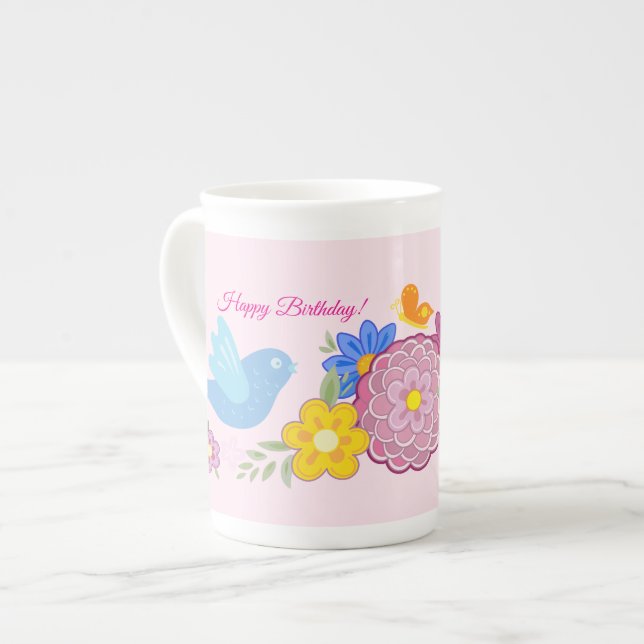 Happy Birthday Wild Flowers Garden Birds Pattern Bone China Mug (Front Left)