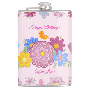 Happy Birthday Wild Flowers Garden Birds Pattern Hip Flask