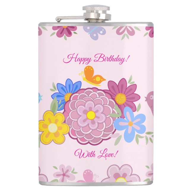 Happy Birthday Wild Flowers Garden Birds Pattern Hip Flask (Front)