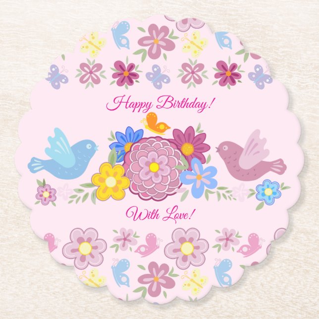 Happy Birthday Wild Flowers Garden Birds Pattern Paper Coaster (Front)