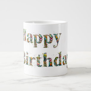 Happy Birthday Wildflowers and Tropical Birds Large Coffee Mug