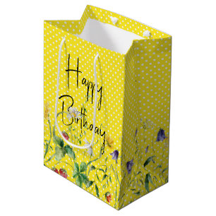 Happy Birthday Wildflowers On Polka Dots Medium Gift Bag