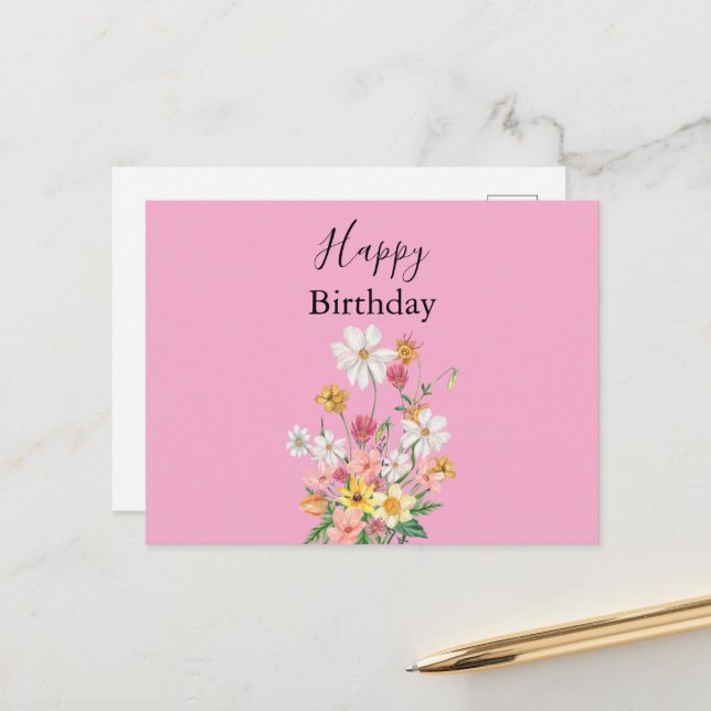 Happy Birthday Wildflowers Pink Postcard (Front/Back In Situ)