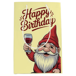 "Happy Birthday" Wine-Toasting Gnome Medium Gift Bag