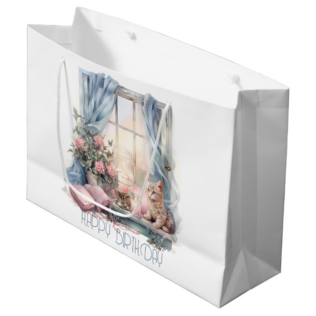  Happy Birthday Winter Blue Pink Victorian Window Large Gift Bag (Front Angled)