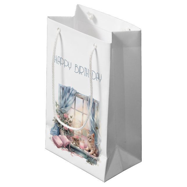  Happy Birthday Winter Blue Pink Victorian Window Small Gift Bag (Front Angled)