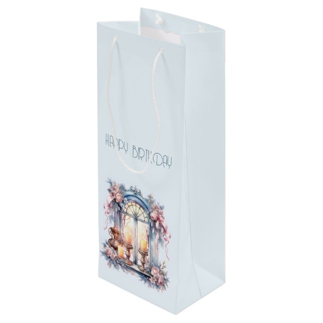  Happy Birthday Winter Blue Pink Victorian Window Wine Gift Bag (Back Angled)