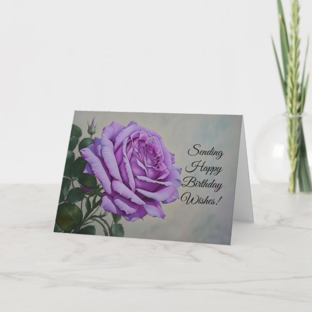 Happy Birthday Wishes Purple Rose Flower Card (Front)