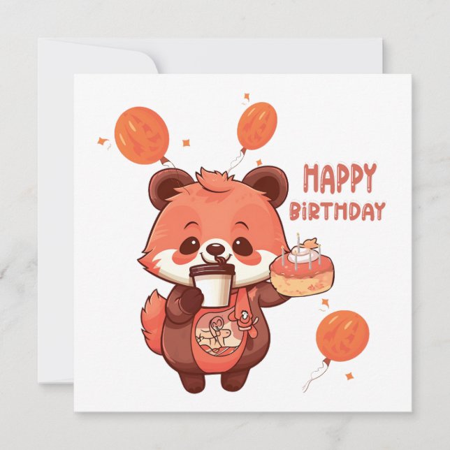 "Happy Birthday with a Cute Raccoon and Cake" Holiday Card (Front)