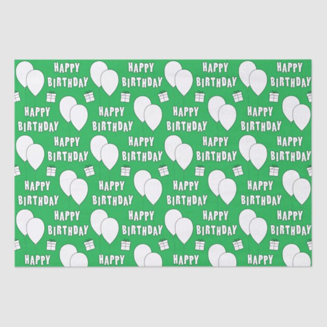 Happy Birthday With Balloons Green Background Tissue Paper (Front)