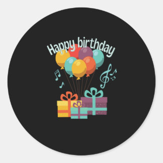 Happy birthday with balloons, music notes and classic round sticker
