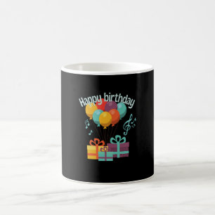 Happy birthday with balloons, music notes and coffee mug