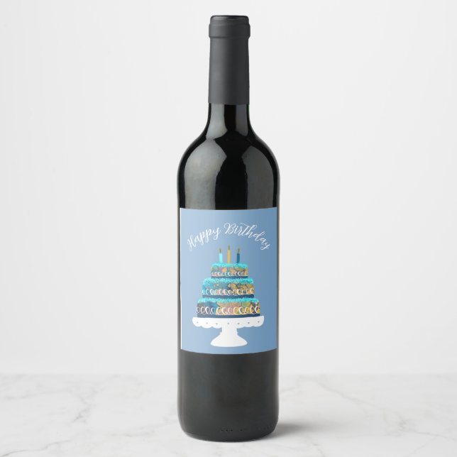 Happy Birthday with Blue Cake Wine Label (Front)