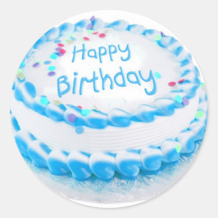 Happy birthday with blue frosting classic round sticker
