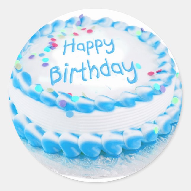 Happy birthday with blue frosting classic round sticker (Front)