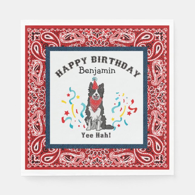 Happy Birthday with Border Collie in Red Bandana Napkin (Front)